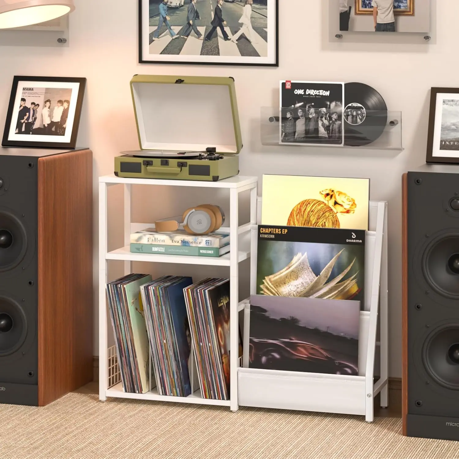 Armoire de rangement pour disques vinyles à 3 niveaux avec support de plateau tournant, table d'appoint blanche pour albums et magazines
