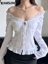 IAMSURE French Style Solid Lace Trim Blouse Casual Slim Square Collar Long Sleeve Tees Women 2024 Autumn Spring Streetwear Lady