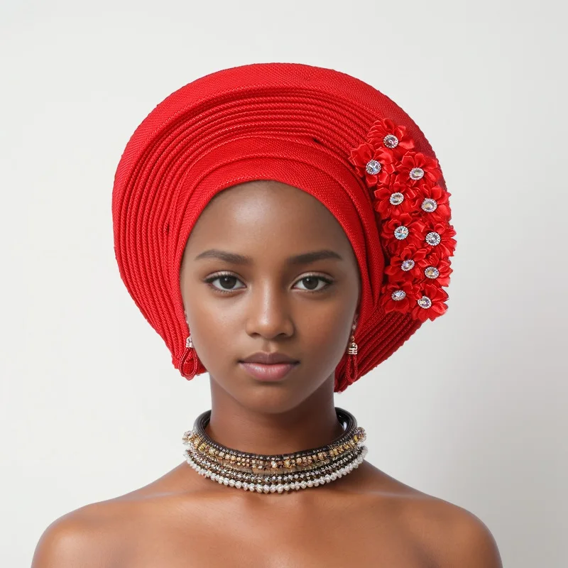 Turban Africain avec Fleurs pour ixde Mariage pour Femme, Cravate de Sauna Nigériane, Déjà Fabriqué, Auto Gele, Nouvelle Collection 2024