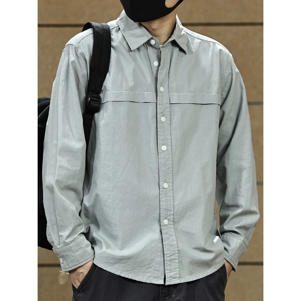 เสื้อเชิ้ตแขนยาวสีพื้นสไตล์อเมริกันระดับไฮเอนด์สำหรับผู้ชาย ฤดูใบไม้ผลิและฤดูใบไม้ร่วงใหม่ เสื้อแจ็คเก็ตเชิ้ตแบบลำลองเรียบง่ายสำหรับผู้ชาย