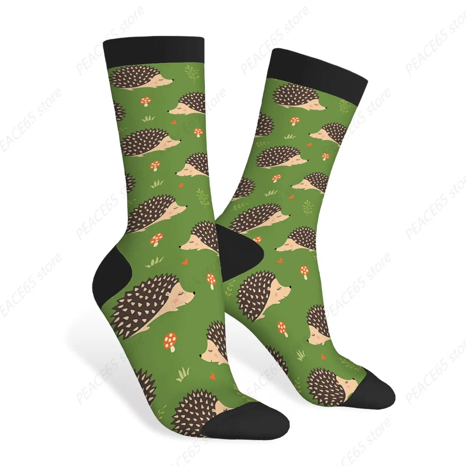 Hedgehogs Funny Socks Cute Cartoon Hedgehogs Mushroom Green Grass Casual Crew Socks Contrast Color Design for Women Men Gift