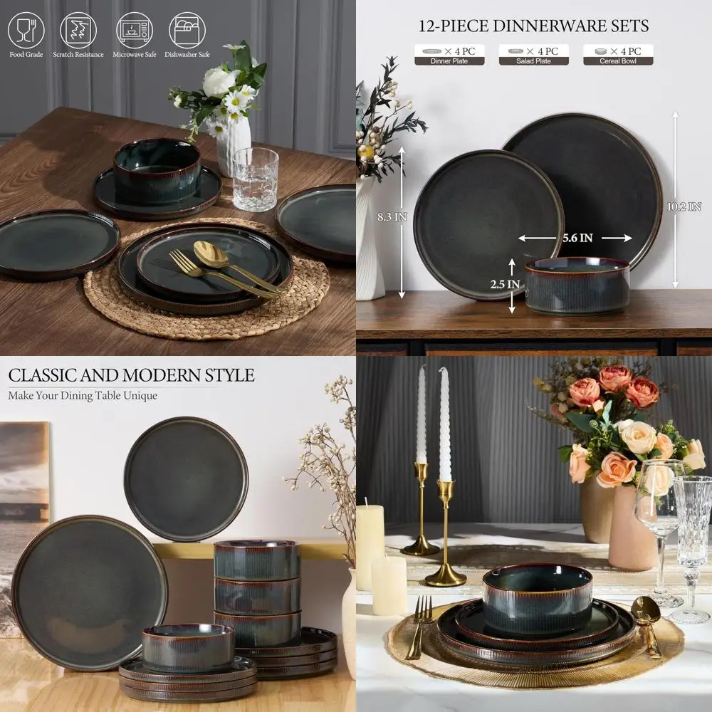 

12-Piece Stoneware Dinnerware Set for 4, Durable and Microwave-Dishwasher Safe, Blackish Green