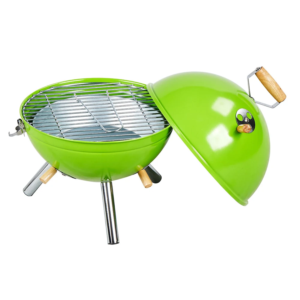 Hot Sale Modern Luxurious Iron Mini Portable BBQ Grill Small Round Football-Shaped Outdoor Camping Grill with Wood Handle