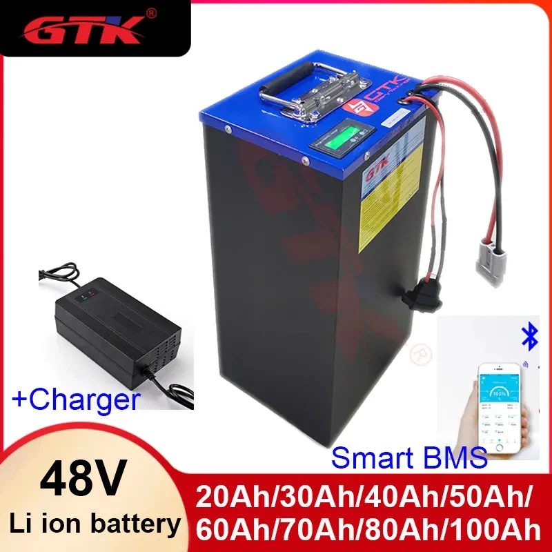 GTK 48V 100Ah 80Ah 70Ah 60Ah 50Ah 40Ah 30Ah 20Ah Lithium Ion Battery for 1kw 2kw 3kw electric two three wheel  +Charger