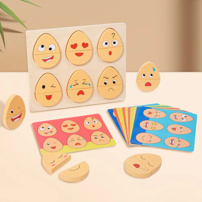 Montessori Toys for Toddlers,Wooden Changing Egg Expression Puzzle, Expression Matching Game, Parent-Child Interaction Game