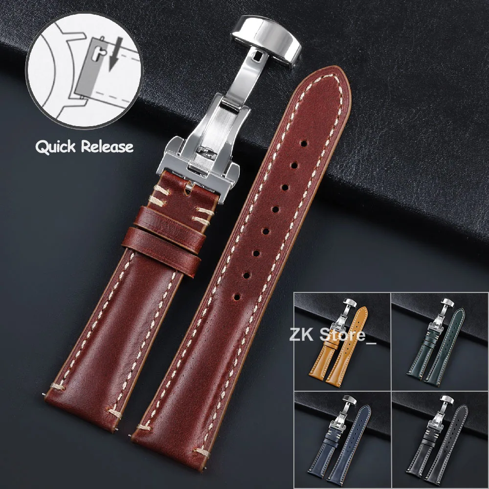Smooth Genuine Calfskin Leather Watchband 20mm 22mm 24mm Watch Straps with Solid Automatic Butterfly Buckle Business Watch Band