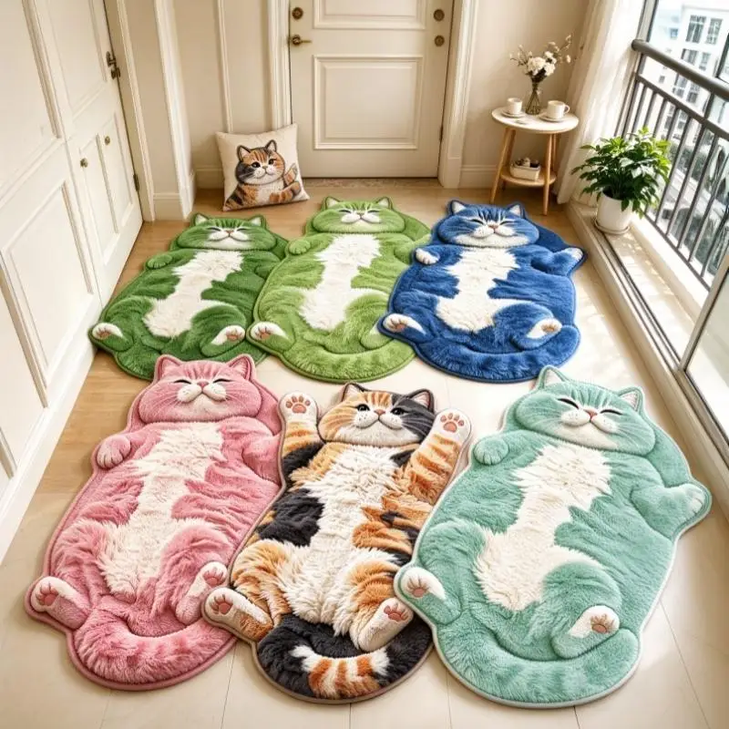 Chubby Lying Tabby Cat Shaped Long Rug 2D Furry Effect Print Non Slip Soft Bedroom Bedside Absorbent Floor Carpet