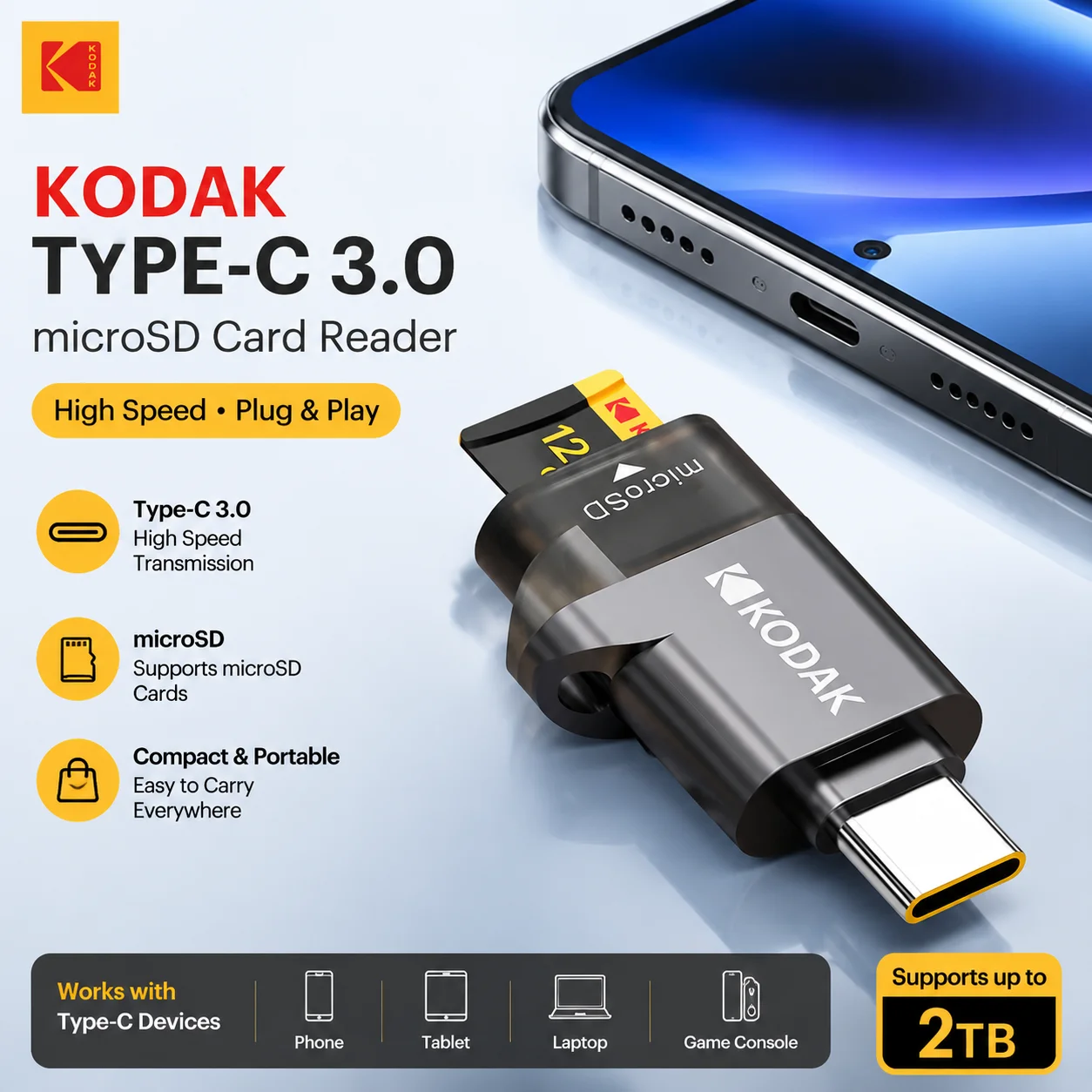 KODAK Type-C 3.0 マイクロSDカードリーダー TFカードリーダー USB-Cアダプター 高速メモリカードリーダー（携帯電話、ノートパソコン、タブレット用）