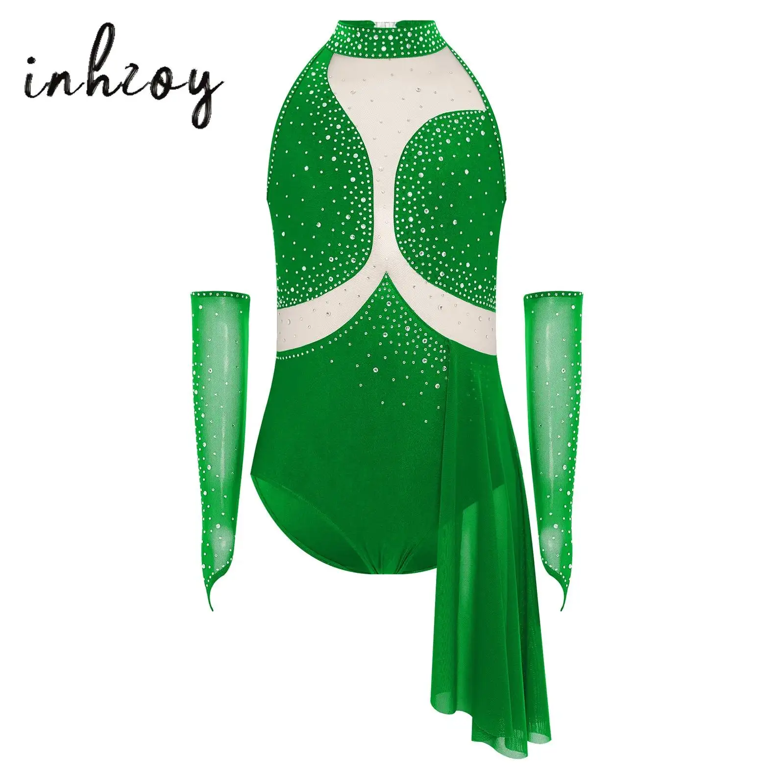 

Kids Girls Figure Skating Dance Bodysuit 2Pcs Lyrical Dance Dress Sheer Mesh Rhinestone Asymmetrical Skirted Leotard with Gloves