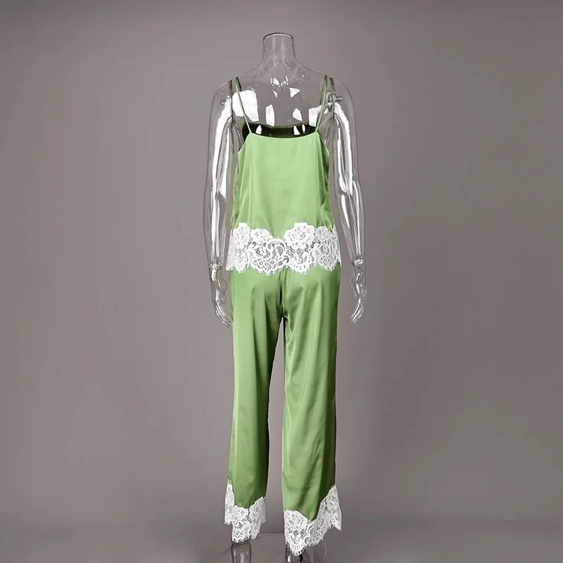 Elegant Lace Satin Long Pants Suit Woman 2026 Casual Spaghetti Strap Vest And Wide Leg Pants 2 Piece Sets Trousers Outfits