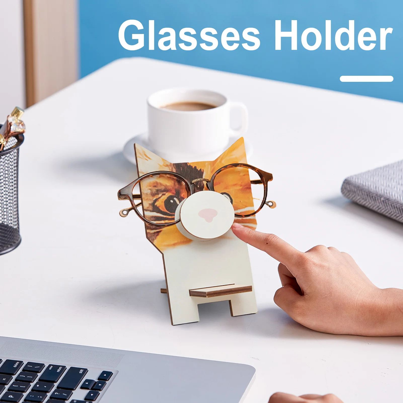 

Wooden Animal Eyeglass Holder - Carved Fox Cat Sloth Penguin Design Desktop Phone Sunglasses Display Stand for Home Decor