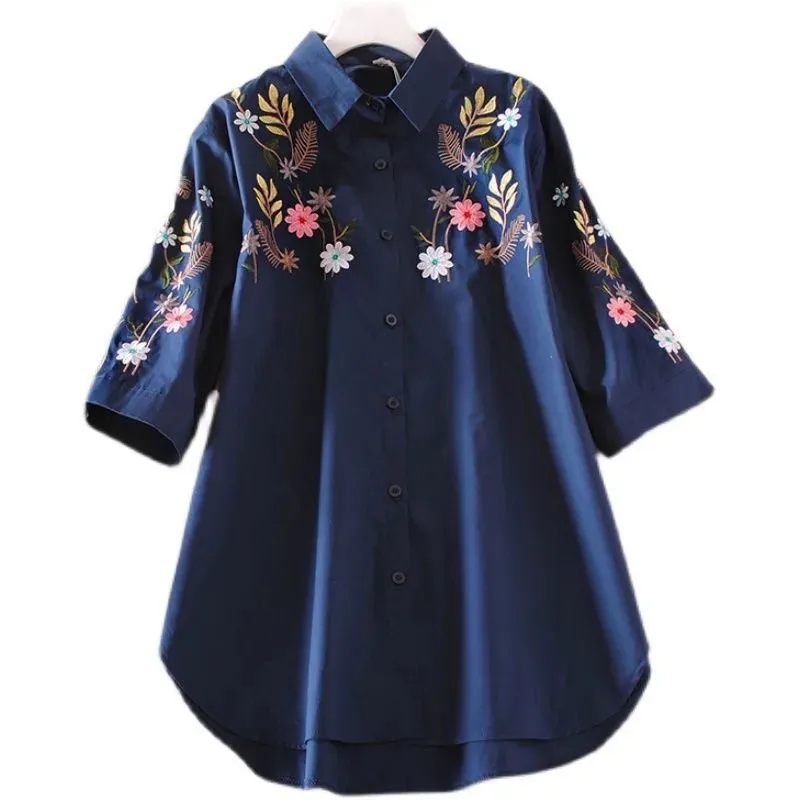 Women Shirt New Loose 2024 Summer Coat Straight National Style Literature Lapel Large Size Jacket Embroidered Sleeve Tops Female