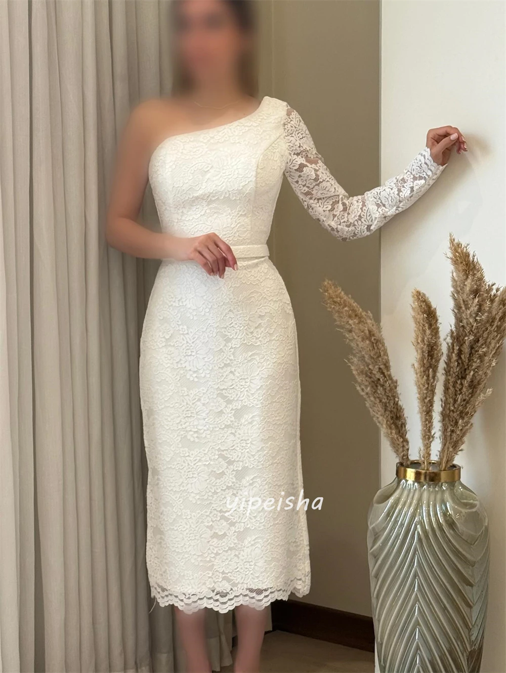 Customized Formal Simple Lace Pleat Ruched Straight One-shoulder Tea Length Dresses Bespoke Occasion Dresses Sizes Available
