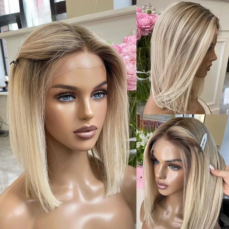 Ashy Blonde Ombre Wigs Short Bob Straight Lace Front Wig With Brown Roots Synthetic Glueless Tiny Knots Pre Plucked For Women