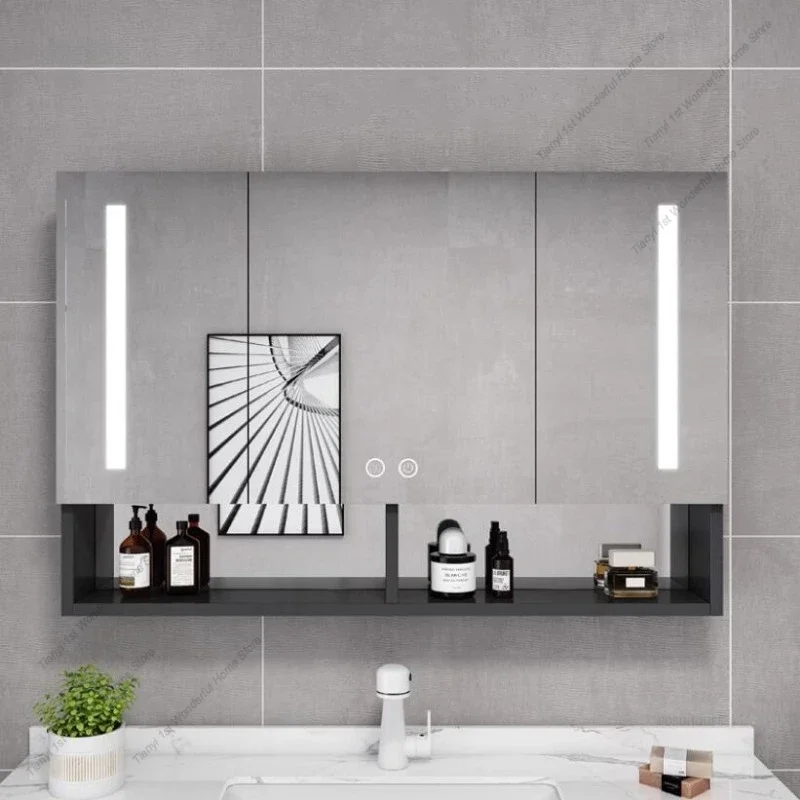 Modern Space Aluminum Smart Mirror Cabinet In Bathroom Storage Mirror Defogging Function With Light Wall Storage Cabinet