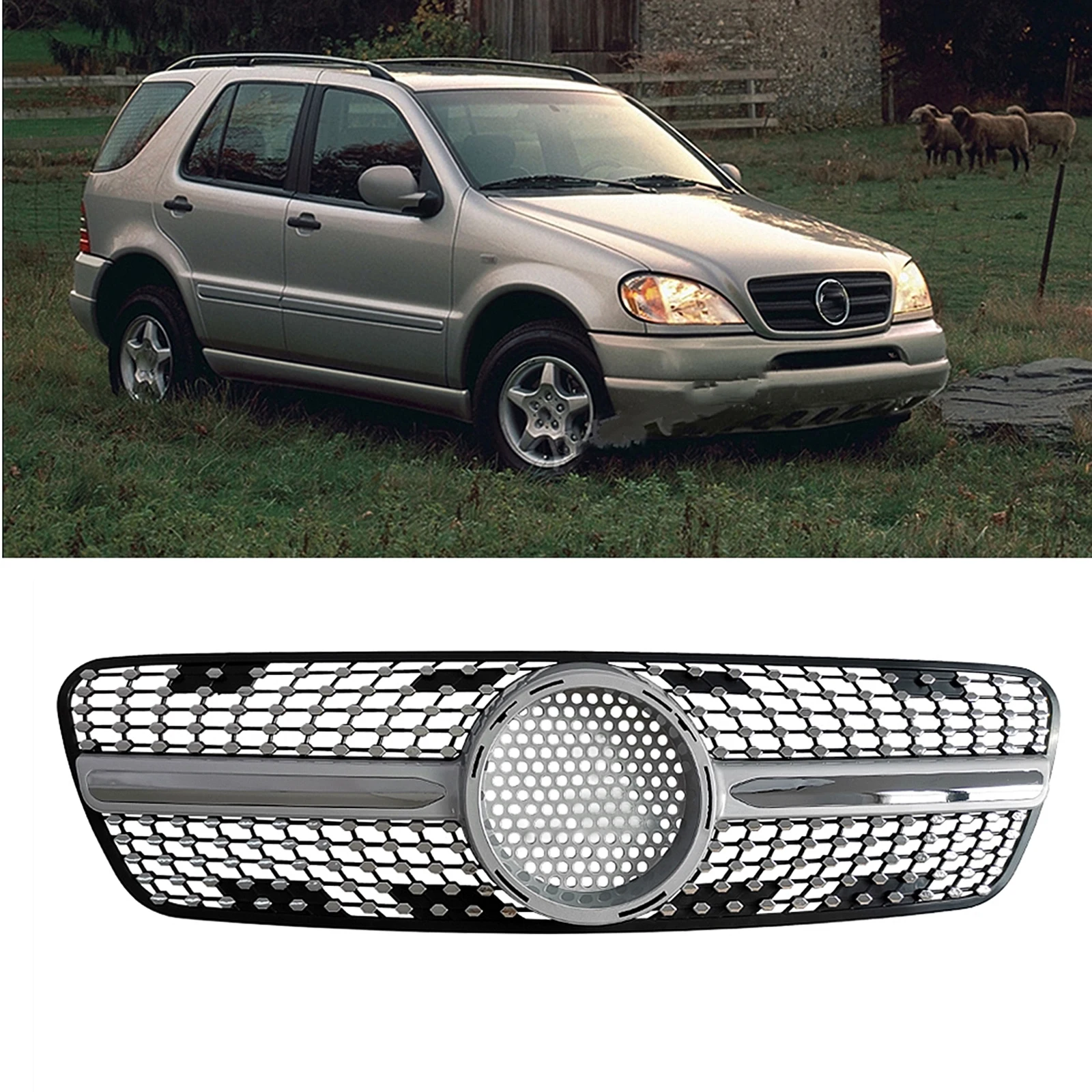 Front Grille Bumper Hood Mesh Grill w/ Insect Net For Mercedes Benz ML Class W163 1999-2004