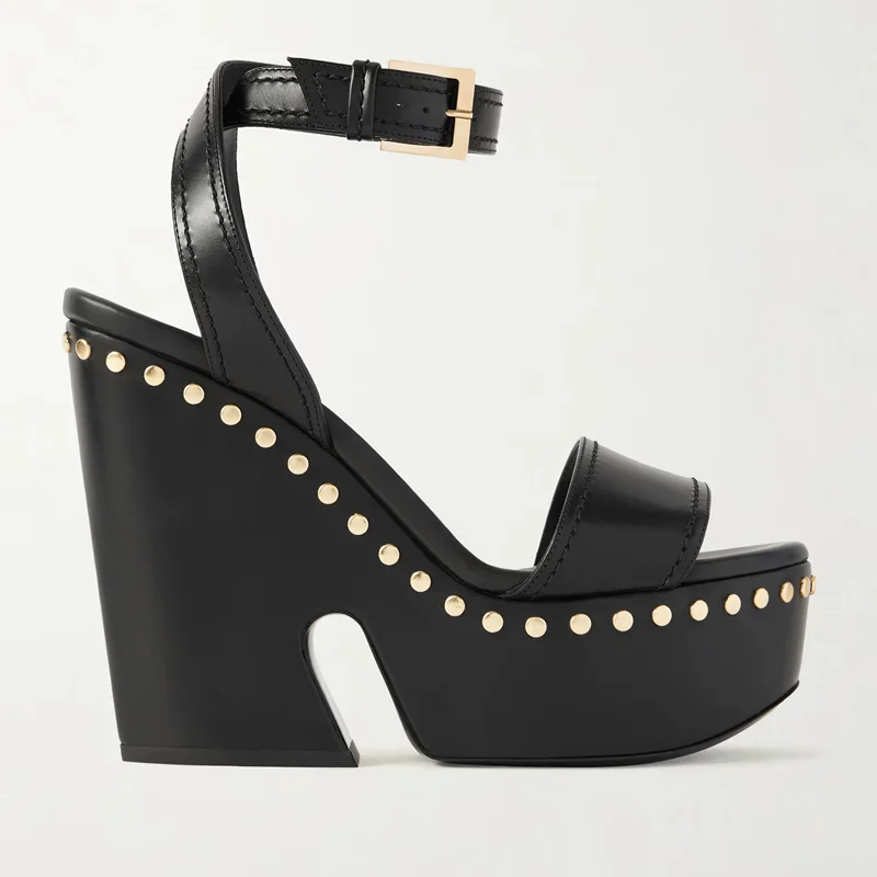 

Gold Metal Rivet Plaftorm Leather Sandals Sexy Round Toe Shingback Straps Customized New Arrivals Fashion Women Modern Shoes