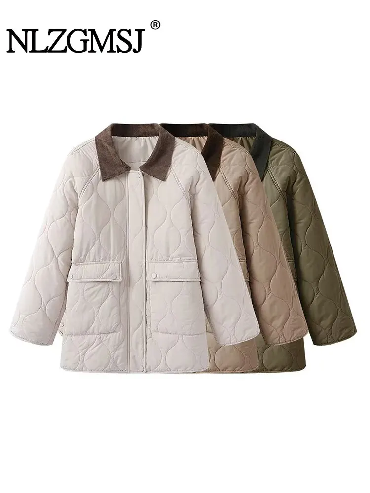 

NLZGMSJ Women Quilted Jacket 2025 Winter Long Sleeve Pockets Loose Cotton Padded Coat Corduroy Collar Parkas Outerwear Y2K