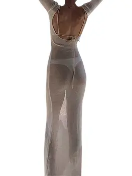 優雅露肩長連身裙,短袖V領,印花荷葉邊下擺,繫帶夏季沙灘派對長裙 8 最佳銷售 高級連身裙 - №5