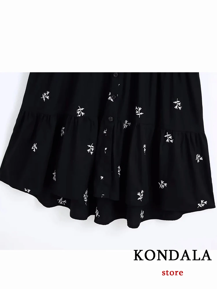 KONDALA Chic Casual Loose Embroidery Black Women Long Shirt Dress Fashion 2023 Summer Single Breast Long Sleeve Elegant Vestidos