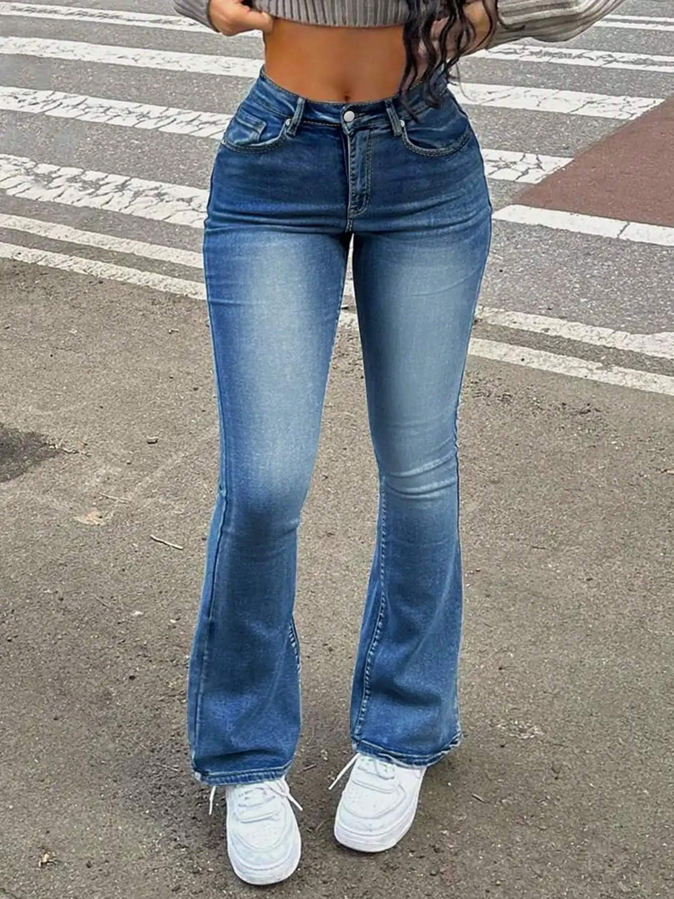 WGXWGX Women's High-Waisted Slim Fit Flare Jeans Vintage Wash Retro Bell-Bottom Casual Streetwear Cotton Blend