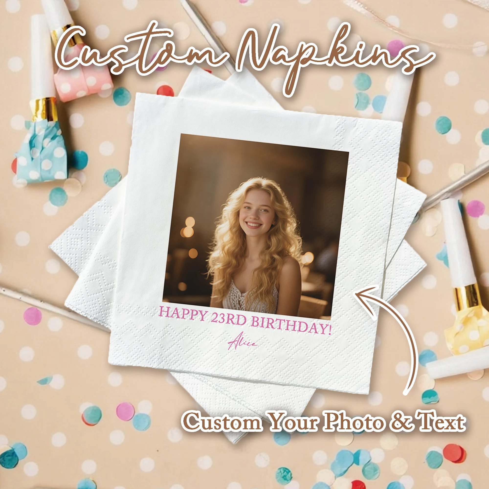 Personalisierte Papierservietten, individuelle Einweg-Hochzeitsservietten von Ihrem Fototext für Party, Geburtstag, Hochzeit, Babyparty-Dekoration