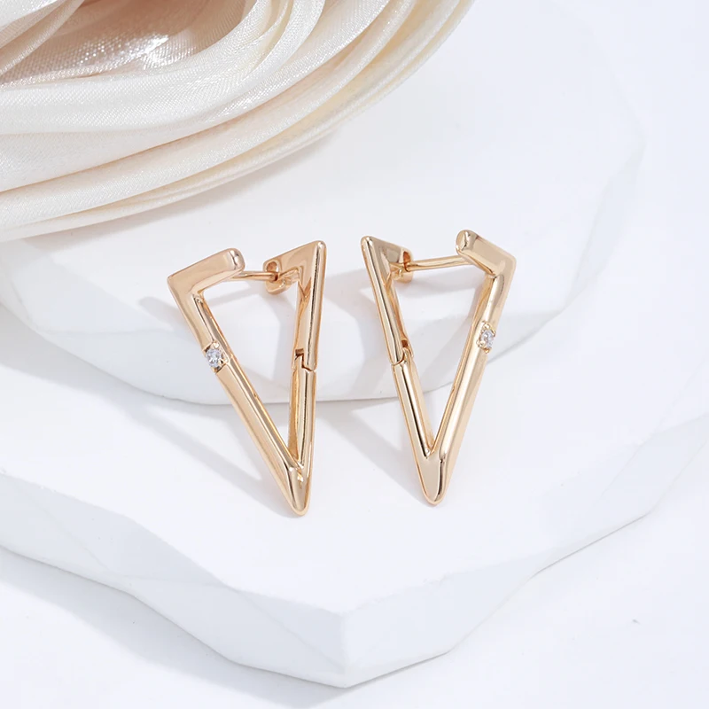 SYOUJYO Triangular Geometry Glossy Simple Dangle Earrings For Women Natural Zircon Fine Jewelry 585 Rose Gold Color Drop Earring