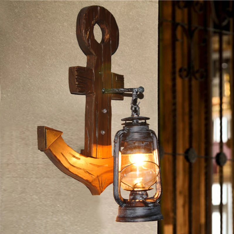 

Retro Solid Wood Wall Lamp Iron Nostalgic Barn Lantern Personality Creative Garden Lamp Stair Aisle Bar Lamp Wall Lamp