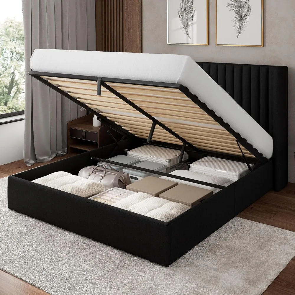 

Queen Lift Up Storage Bed, Linen Upholstered Platform with Wingback Headboard, Hydraulic Storage, No Box Spring Needed, Black