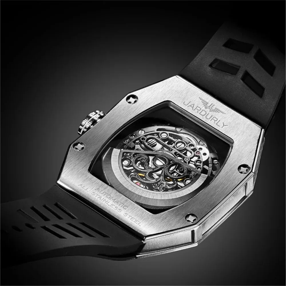 JINLERY Tourbillon Tonneau Wristwatch Richard Man Automatic Mechanical Clock Kinetic Version Hollow Watch for Men montre homme