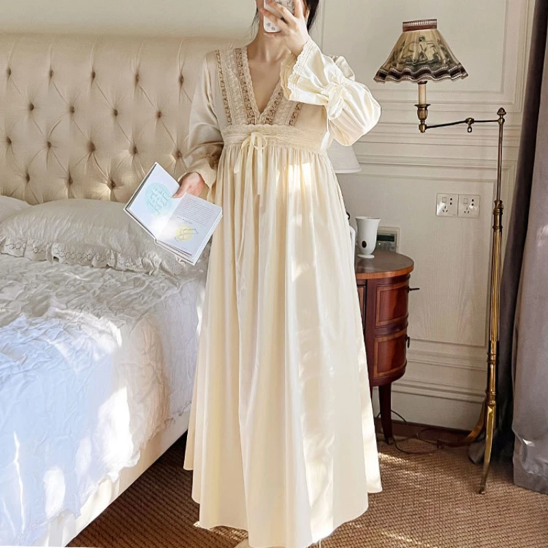 Pure Cotton Vintage Nightgowns Women Autumn Apricot Long Robe Nightie Night Dress Wear Victorian Nightdress Princess Sleepwear