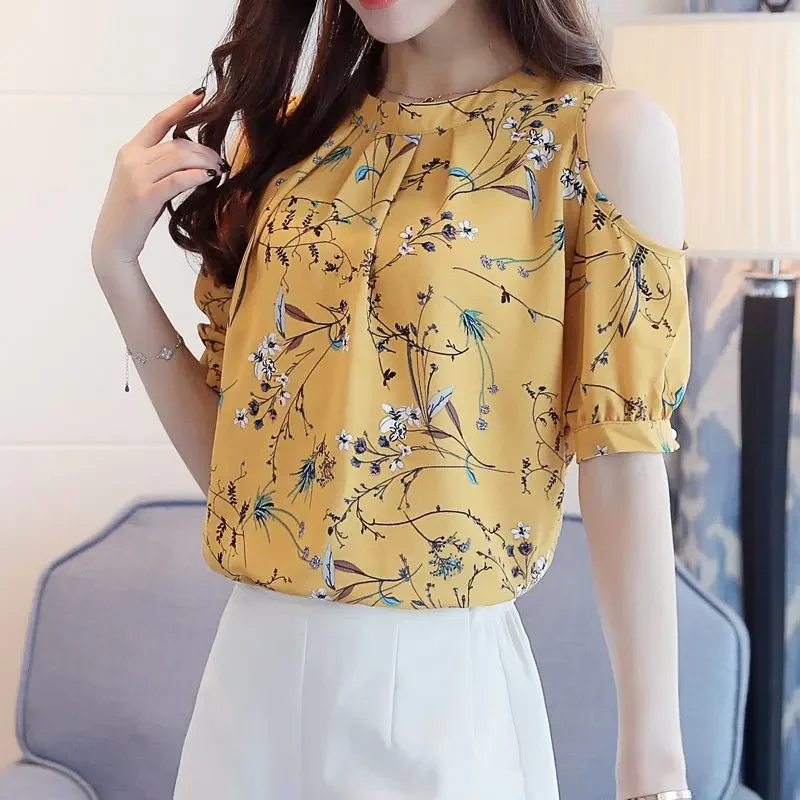 New Fashion Chiffon Floral Print Women Blouse Short Sleeves O-neck Women\' Clothing Loose Female Tops Elegant Shirt 825C