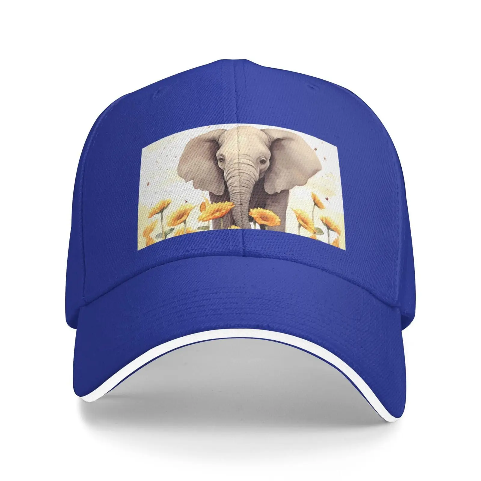 Mannen En Vrouwen Honkbalhoed Olifant En Zonnebloem Printen Stijlvolle Papa Cap Trucker Low Profile Hoeden Verstelbaar Wasbaar Blauw