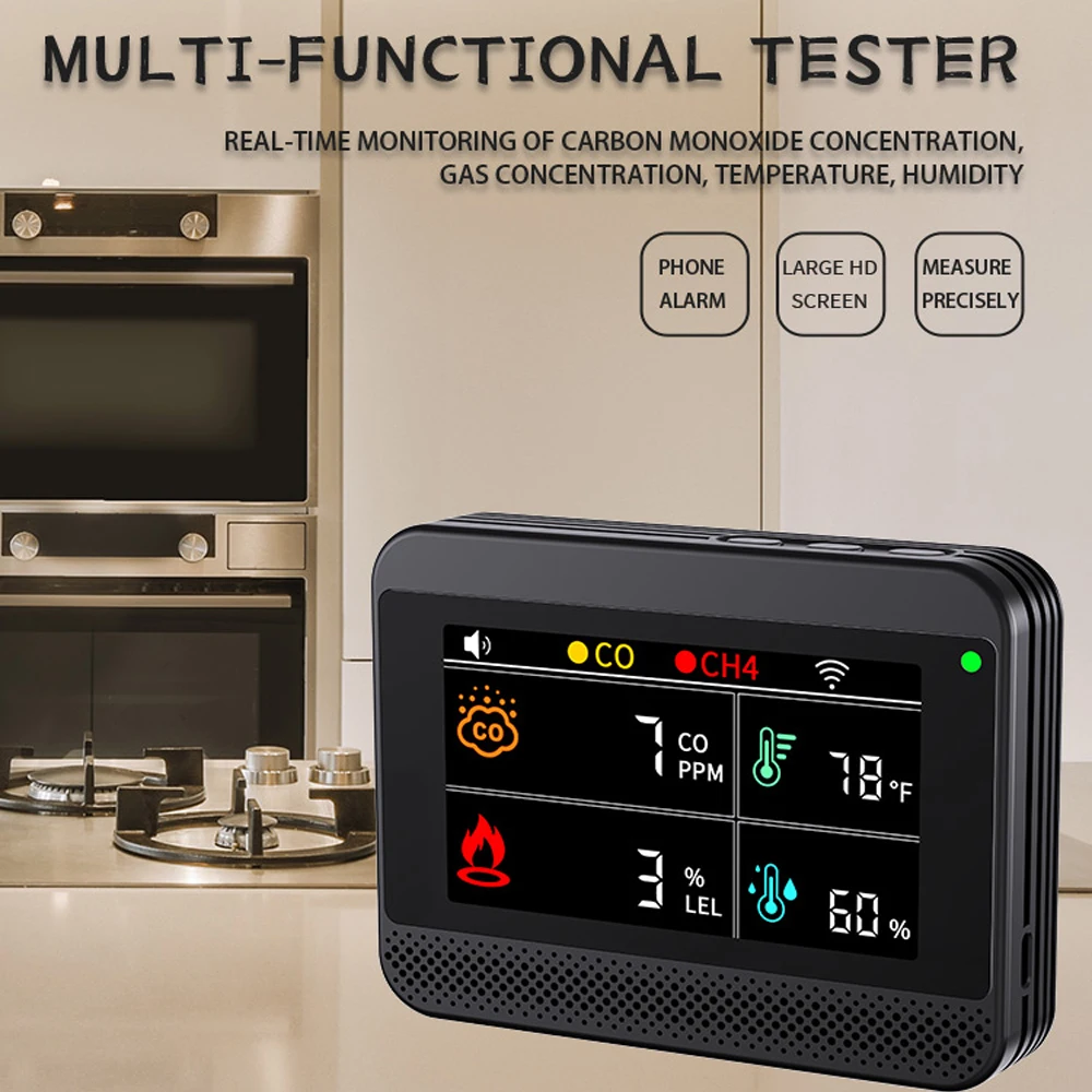 Tuya WiFi 4-in-1 Carbon Monoxide Detectors/ Natural Gas Leak Detector /Temperature & Humidity for Home Real-Time Gas Detector