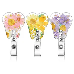 True Flowers Drops Of Glue Transparent Tooth Nurse Badge Reel Retractable ID Holder With 360 Rotating Alligator Clip Name Holder