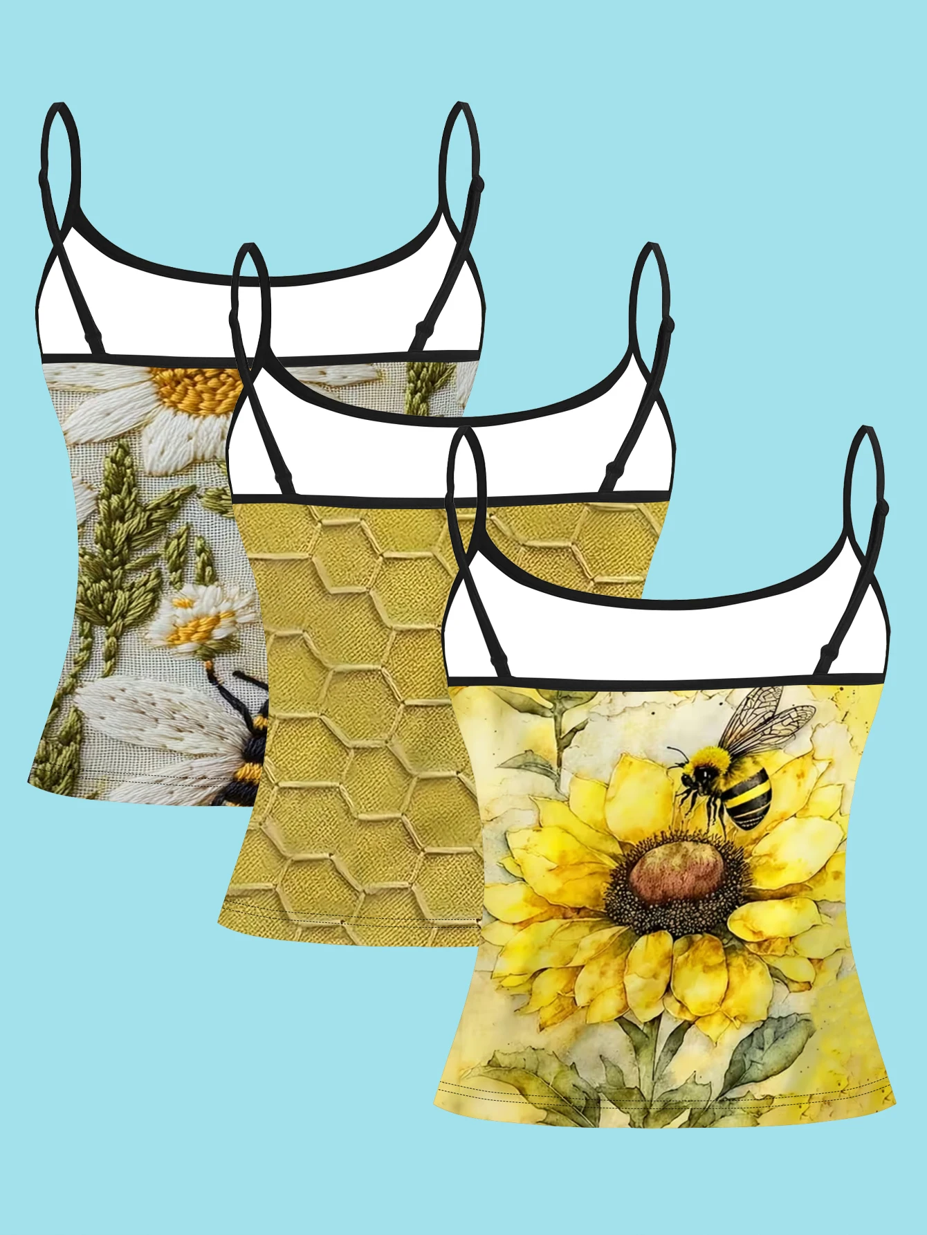 3-Piece Set of Little Bee, Daisy, and Sunflower Camisoles, Millennium-Style Slim-Fit Tank Tops for Layering or Wearing Alone