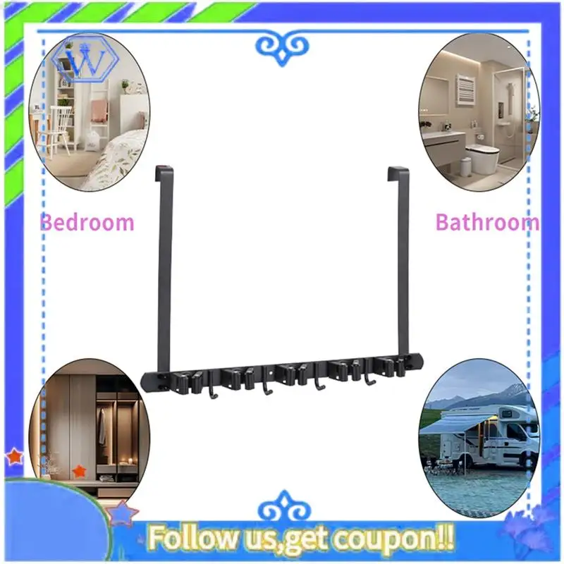 

A55P-2X Broom Holder Door Mount,Over The Door Broom And Mop Holder With 2 Over Door Hooks,Broom Hanger,Tool Rack Organizer