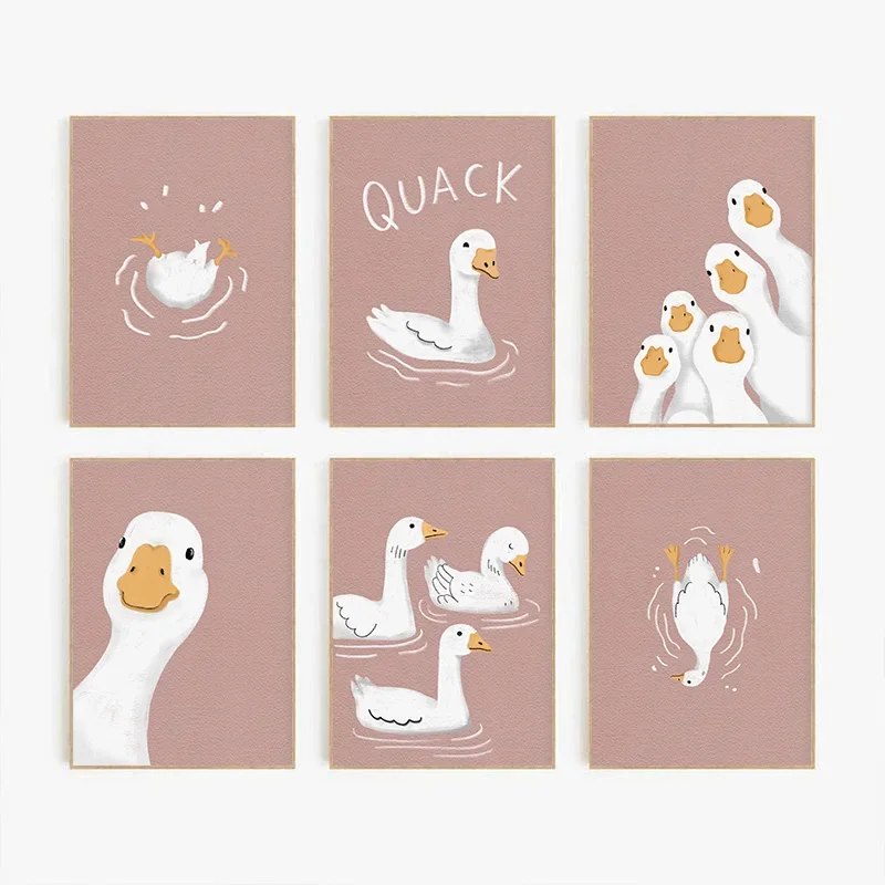 Frameless Canvas Painting Set Of 6 Cartoon Animals Powder Pink Goose Poster Print Wall Art Pictures Canvas Painting Living Room