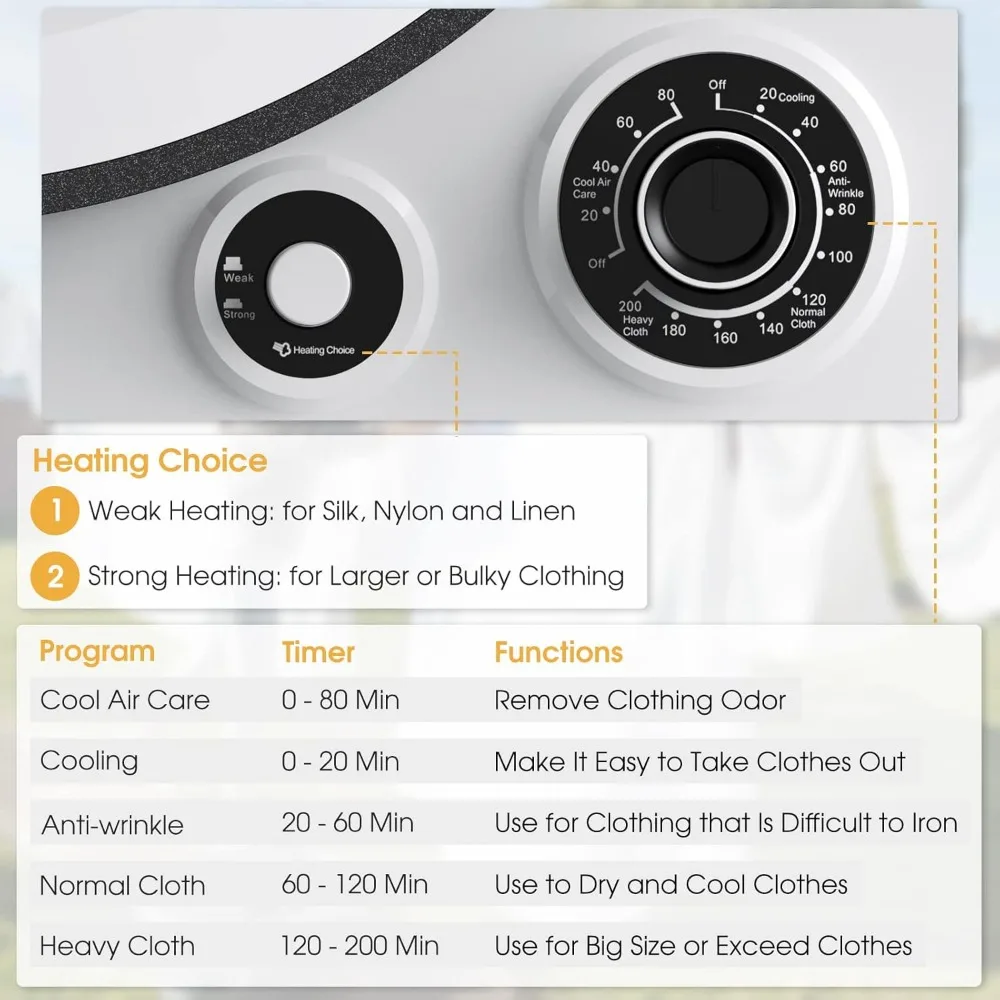Pengering pakaian portabel, Pengering cucian ringkas beban depan 13.2 LBS dengan Drum baja tahan karat, 5 Program pengeringan