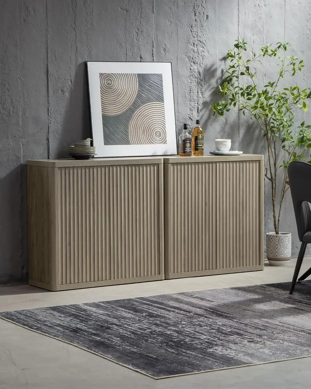 Buffet Cabinet with Storage Sideboard Accent Modern Credenza with Doors & Shelves Fluted Media Console Wood Coffee Bar Table