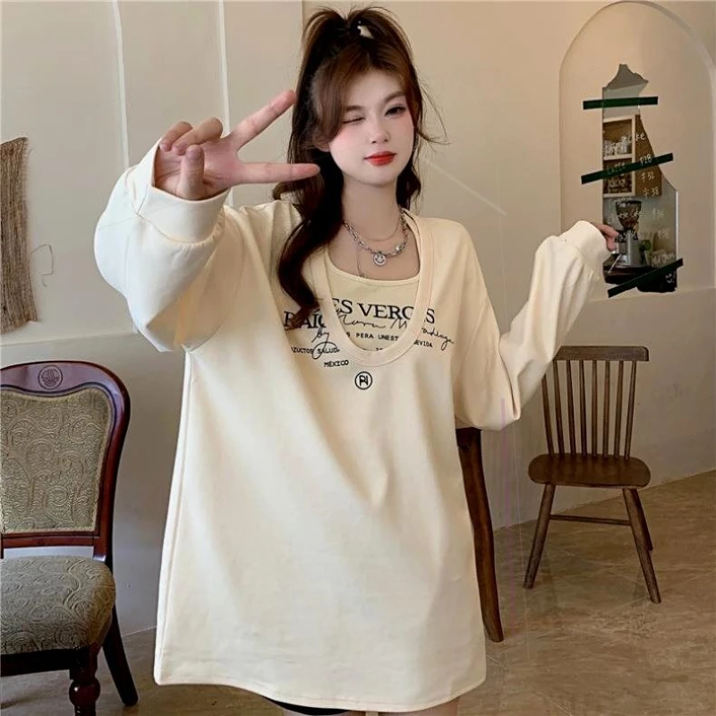 Y2K Two Pieces Set Oversized Shirts Women Fashion Long Sleeve Halter Letter Print Sweatshirt Ladies Casual Loose Harajuku Tops