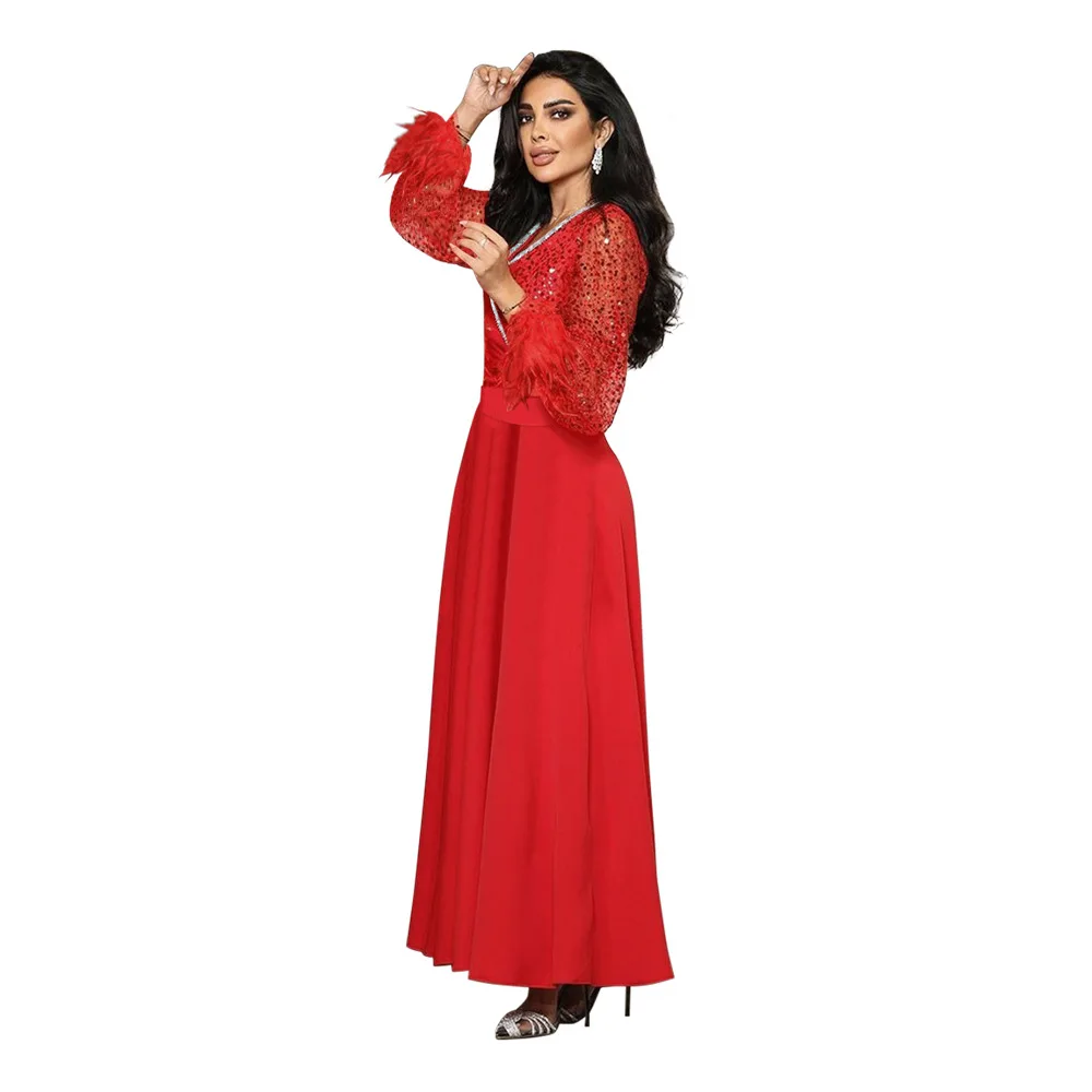 Muslim Middle East Dubai Arabian Women's Clothing Sequin Splicing Strip Feather Robe Dress Abaya