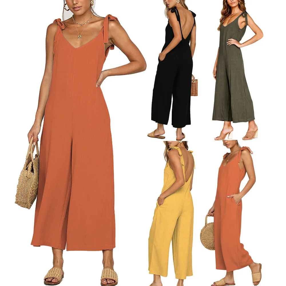 

Womens Summer Jumpsuit Loose Casual Oversized Solid Cotton Linen Wide Leg Pants Strapless Sleeveless with Pockets