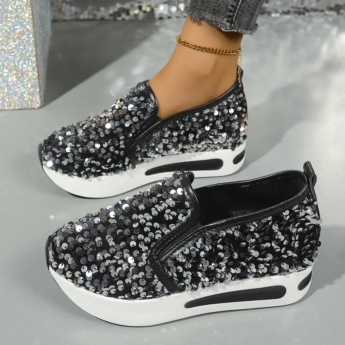 

Sneakers for women Full sequin platform slide on muffin tennis flats for women Sports slide on loafer platform Elegant shoes