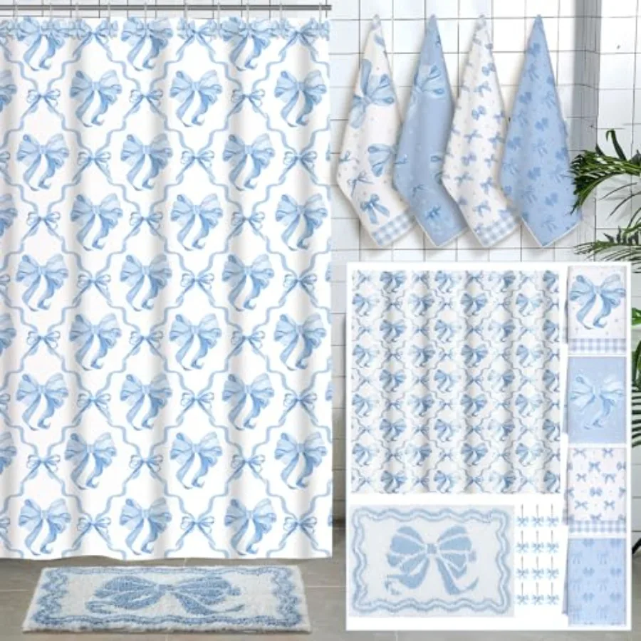 

18 Pcs Blue Bow Fabric Shower Curtain Set with 12 Decorative Shower Curtain Hooks Blue Bow Knot Bathroom Towels Coquette Non Sl