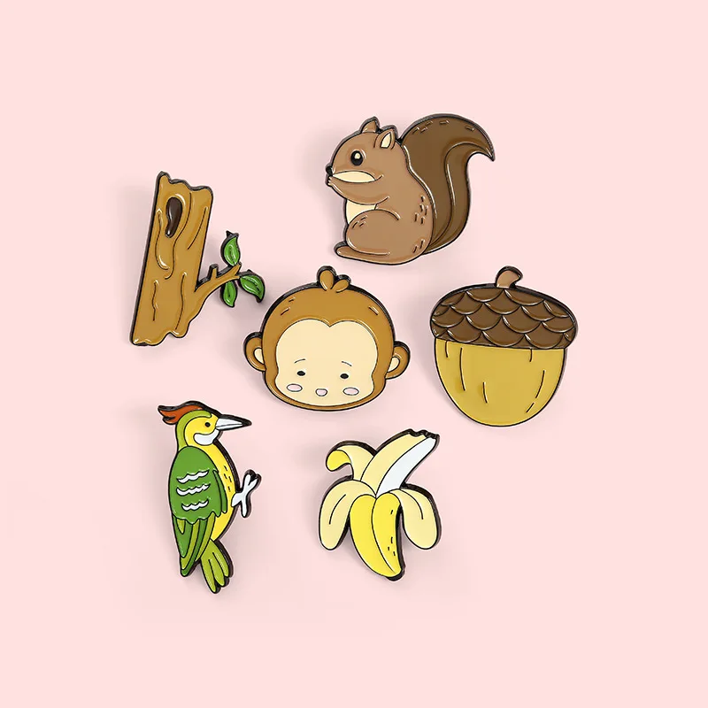 Forest Animal Enamel Pins Monkey Banana Squirrel Pine Cones Woodpecker Trunk Brooch Lapel Badge Bag  Jewelry Gift for Kid Friend