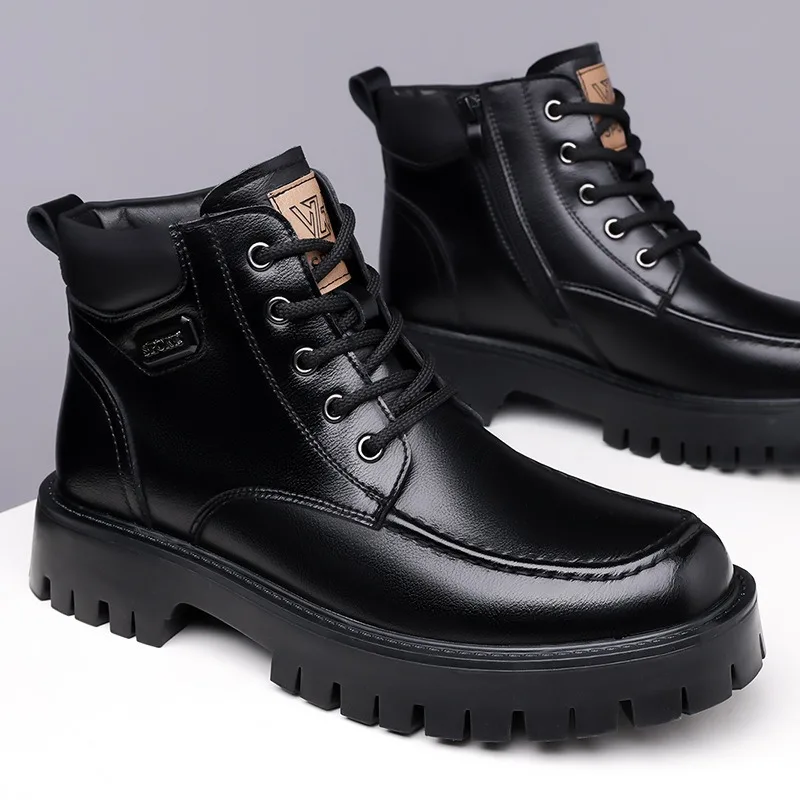 Stivali da uomo con plateau in velluto in pelle retrò Moda Stivali da neve da uomo caldi invernali con suola morbida Designer Scarpe da lavoro in cotone nero Uomo