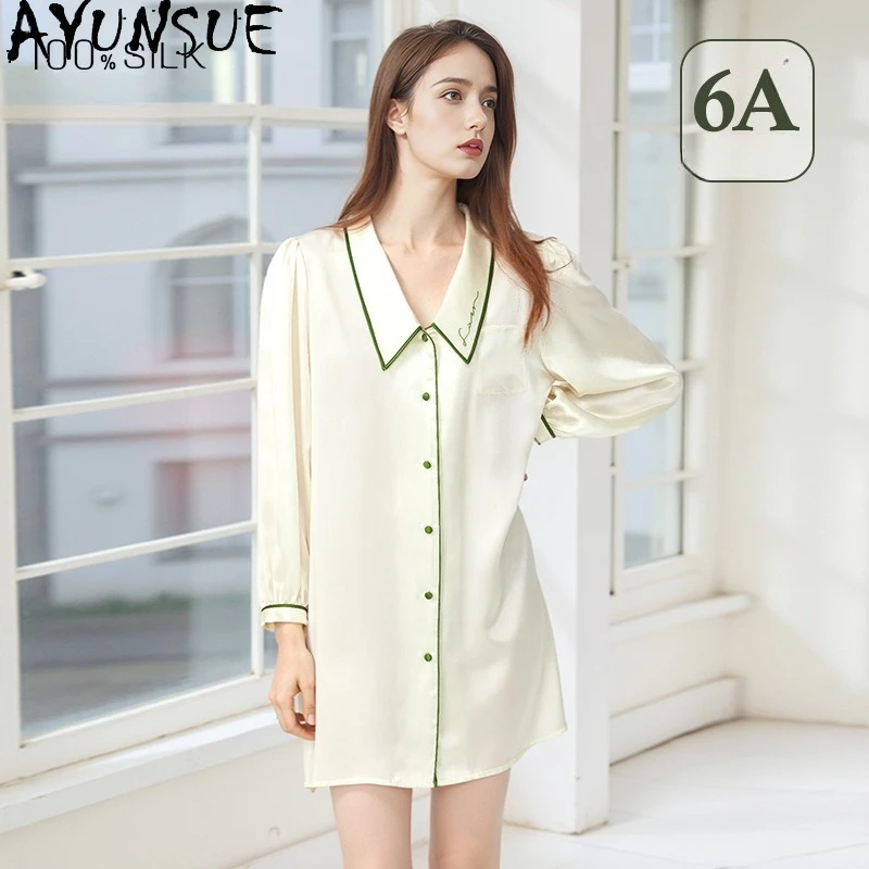 

AYUNSUE 100% Natural Mulberry Silk Pajama Night Dress for Women 2026 Spring Summer Clothes 16MM Silk Shirt Dress Woman Пижама