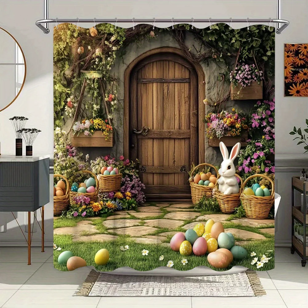 

Easter Bunny Shower Curtain - Fluffy White Rabbit, Pastel Eggs & Spring Garden Scene with Blooming Flowers, Polyester Fabric