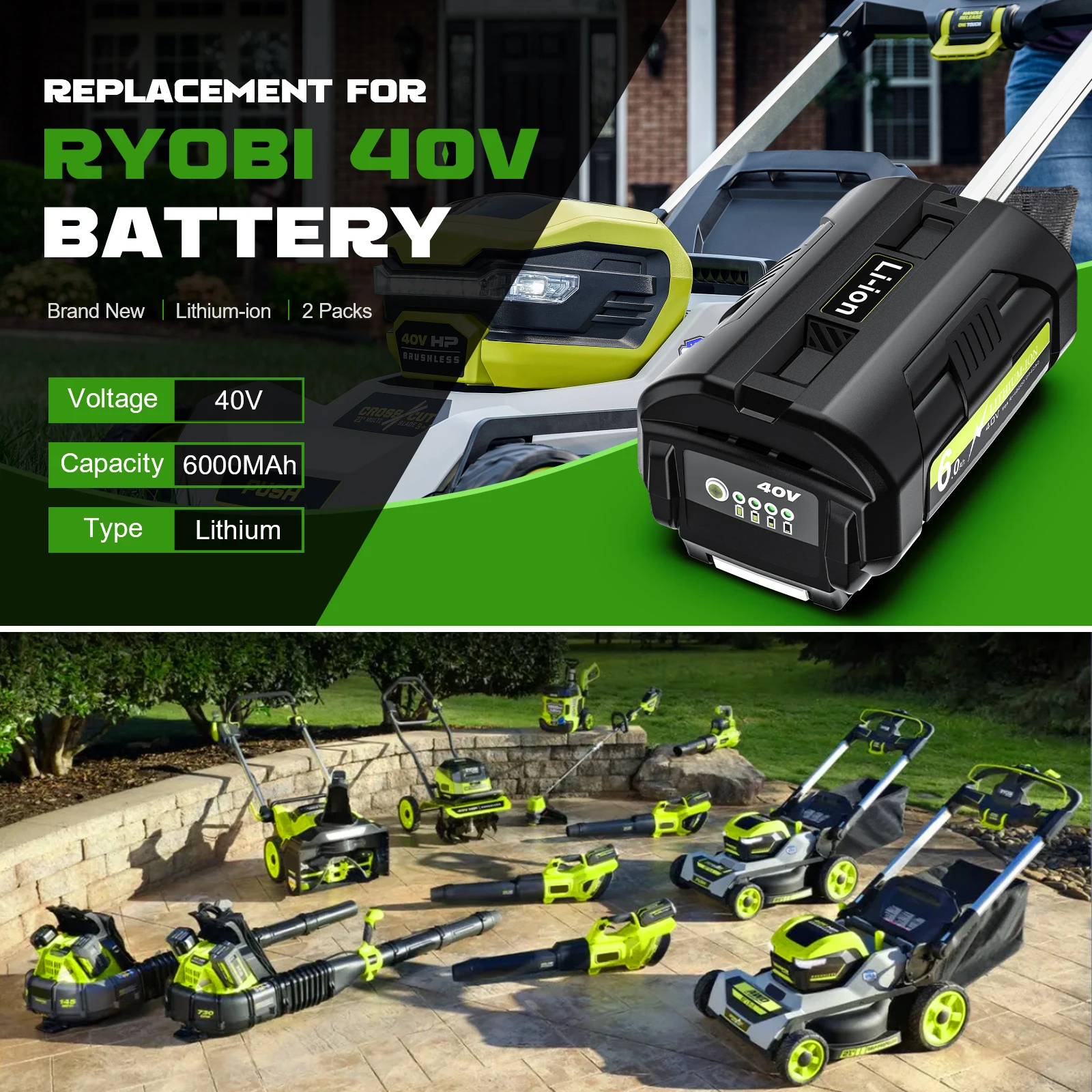 Für Ryobi Batterie 40V OP4050 6000mAh Lithium-ionen Batterie Ersatz Batterie Für Ryobi OP4050 OP4060 Serie Rasenmäher werkzeug – Detail 2